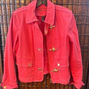 Ralph Lauren Jeans Co coral twill jacket with shiny brass lobster clasp closure.